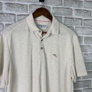 Tommy Bahama Island Zone Cream CoolMax Collared Polo Shirt Mens Medium STAINED